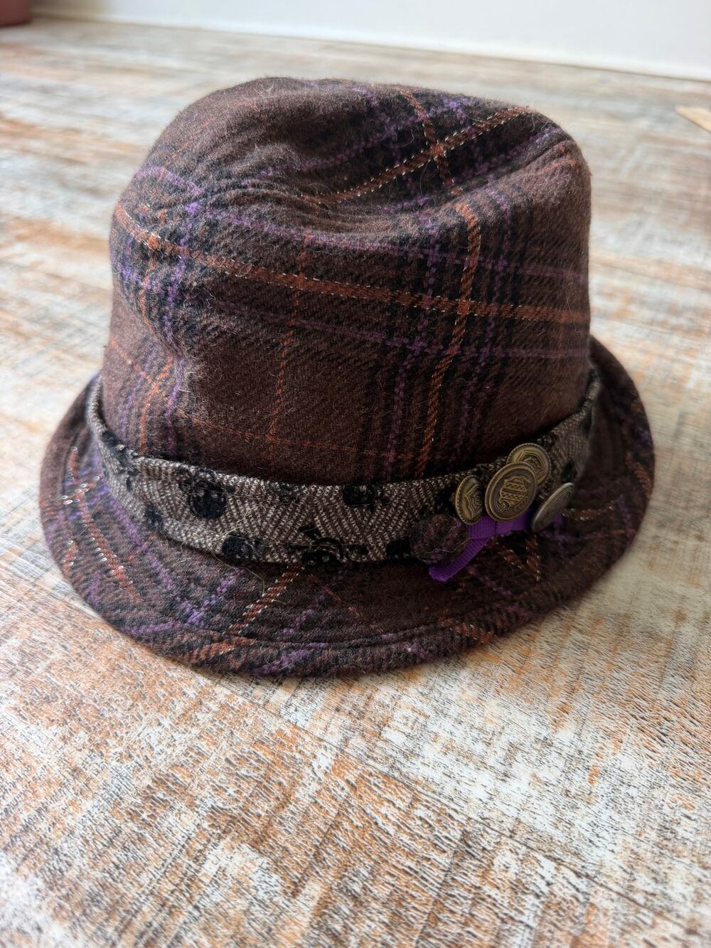 Brown Purple Plaid 100% Cotton Vintage Fedora Hatt Size M/L Skulls and Buttons